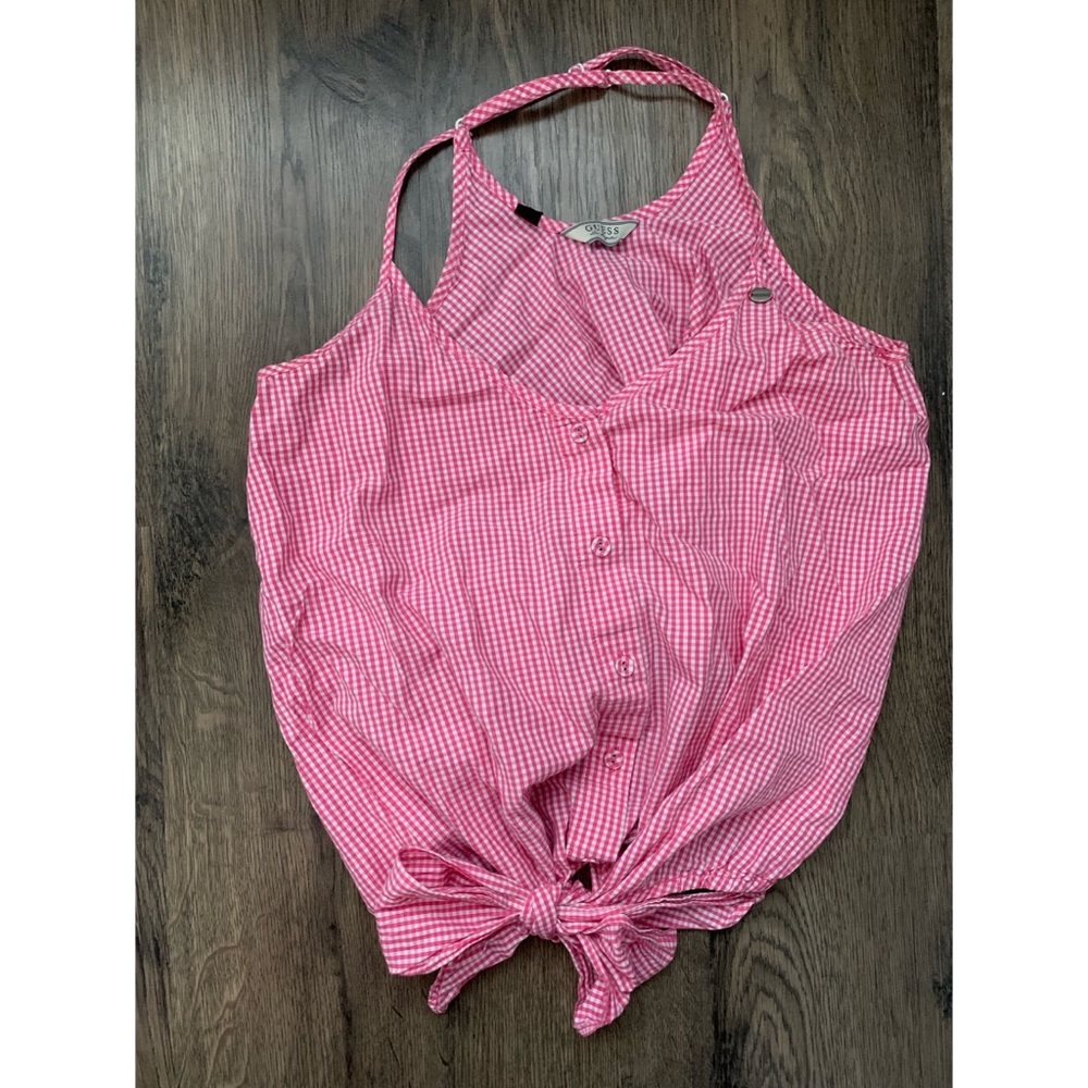 Guess halter spaghetti strap gingham checkered print red and white top XS